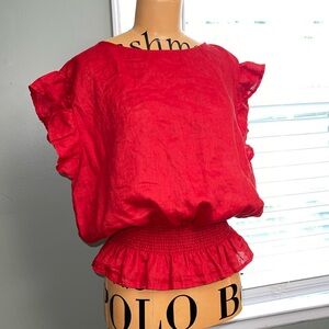 Red Linen Saks Fifth Avenue Ruffle sleeve top with ruched waist.